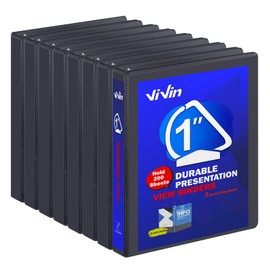 3 Ring Binder 1 Inch, ViVin Sturdy 1"-Slant D Ring Binder with 2 Interior Pockets, Clear View Cover, PVC-Free, Fits 225 Sheets of US Letter Size Paper (8 Pack, Black)
