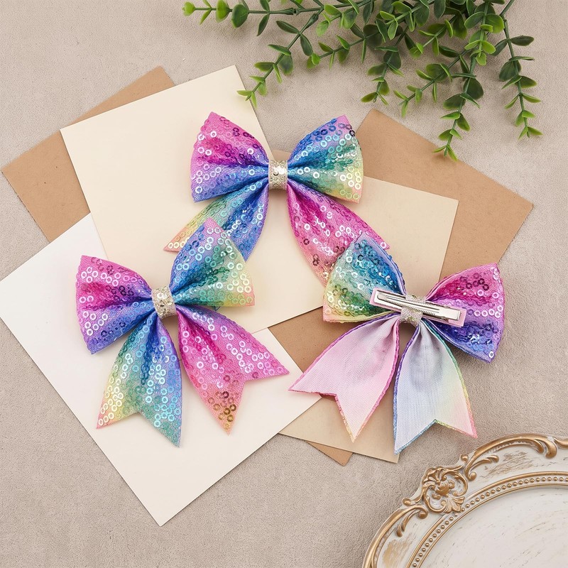 Bows for Girls Rainbow Hair Clips Pastel Fabric Metal Accessories,