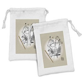 Lunarable Flute Pattern Fabric Pouch Set of 2, Folk Themed Thailand Instrument Harmony Music and Culture Print, Small Drawstring Bag for Toiletries Masks and Favors, 9" x 6", Pale Grey and Beige