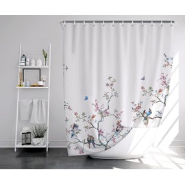 LIVETTY White Bird Extra Long Shower Curtain 180cm × 210cm Drop Floral Butterfly Fabric Bathroom Mould Proof Spring Washable Shower Curtain With 12 Hooks