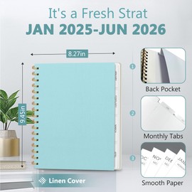 Planner 2025-2026, Weekly and Monthly Planner, Linen Cover 18-Month Planner (Jan 2025 - Jun 2026), 9.45" x 8.27", Calendar Planner with Monthly Tabs, Inner Pocket, Pen Loop, Spiral Bound, Light Blue