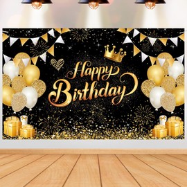 G2PLUS Birthday Banner, Black Gold Birthday Decoration Banner, Banner for Birthday, Birthday Decoration Banner for Man and Woman Birthday Party Decoration (185 x 115 cm)