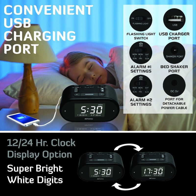 Riptunes Loud Alarm Clock with Bed Shaker for Heavy Sleepers