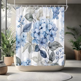 Hydrangea Flower Shower Curtain Blue Floral Blossom Spring Watercolor Grey Leaves Vintage Plant Rustic Women Girls Nature Bathroom Curtains Set Polyester Fabric with Hooks 70" W x 70" L