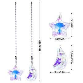 Dotlite 2 Pack Colorful Glass Moon and Star Ceiling Fan Pull Chain, Crystal Suncatcher Fan Lamp String Pulls Decorative Extension, 14 Inches Ball Chains Extender Ornament with Connector