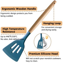 IOCBYHZ Silicone Cooking Utensils Set 6Pcs Heat Resistant Silicone Kitchen Utensils Set for Cooking, Kitchen Utensil Spatula Spoon Set w Wooden Handle, BPA FREE Kitchen Gadgets for Non-Stick Cookware