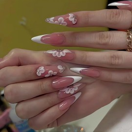 KAICCOSO Almond Flower Press on Nails Medium Long Pink Fake Nails with Floral Design Spring False Nails White French Nail Tips Glossy Gel Acrylic Nails Cute Glue on Nails Diamond Stick on Nails for Women 24Pcs