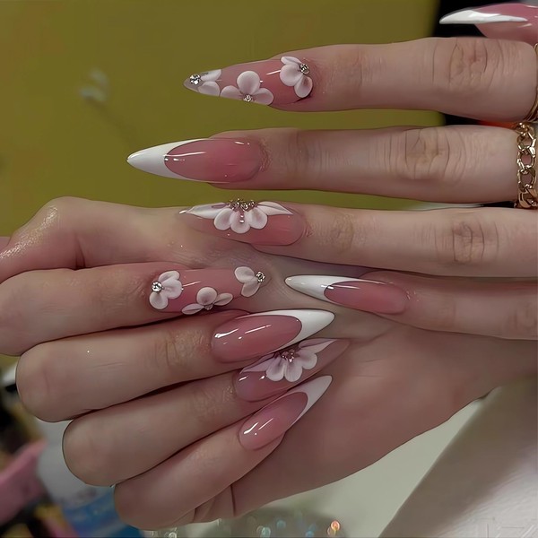 KAICCOSO Almond Flower Press on Nails Medium Long Pink Fake