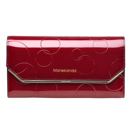 Fashionable women's leather wallet, large capacity multifunctional, snap closure, three fold long style, RFID shielding protection credit card carrying bag (Wine Red)