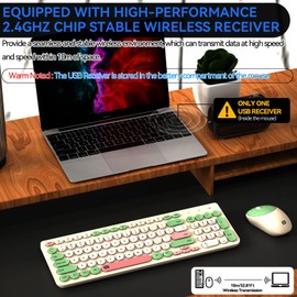 FD FD Wireless Keyboards and Mouse Combo - 2.4GHz USB Cordless, Cute Wireless Keyboard Round Keys, Quiet and Slim Set for Laptop, Computer, TV and Mac - Milky White Green Colorful