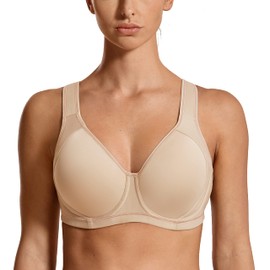 SYROKAN High Impact Sports Bras for Women Support Underwire Cross Back Large Bust Cool Comfort Molded Cup Beige 34D