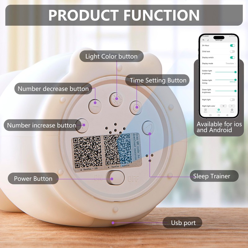 Kids Sleep Training Alarm Clock: App Control Night Light, Silicone,