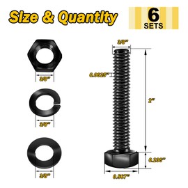 Mywish (6 Sets) 3/8-16 x 2 Hex Head Bolts and Nuts with Flat & Lock Washers, 304 Stainless Steel 18-8, Fully Threaded, Black Oxide Bolt Kit, 3/8 Bolt