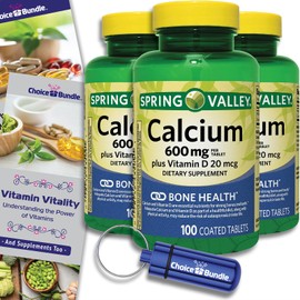 Choice Bundle Choice Bundle Spring Valley Calcium Plus Vitamin D Tablets Dietary Supplement 600 mg 100 Ct 3 pk (300 Total) + Vitamin Guide & Pill Container (5 Items)!