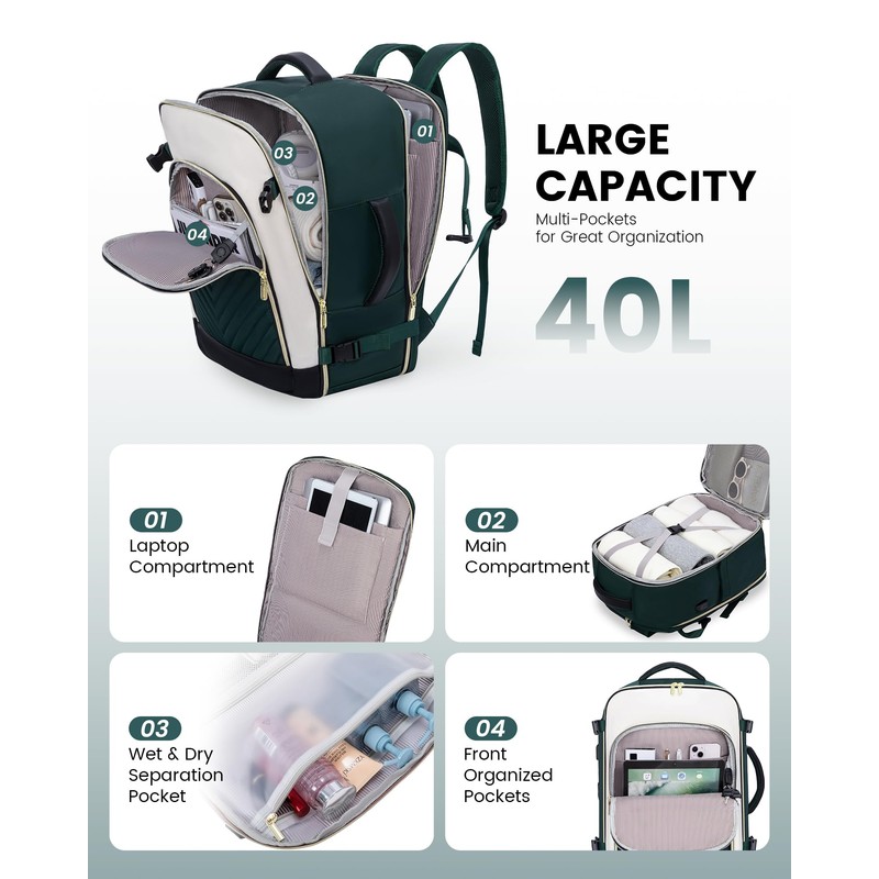 LOVEVOOK Women's Hand Luggage Backpack Large 40L, Dark green, white,