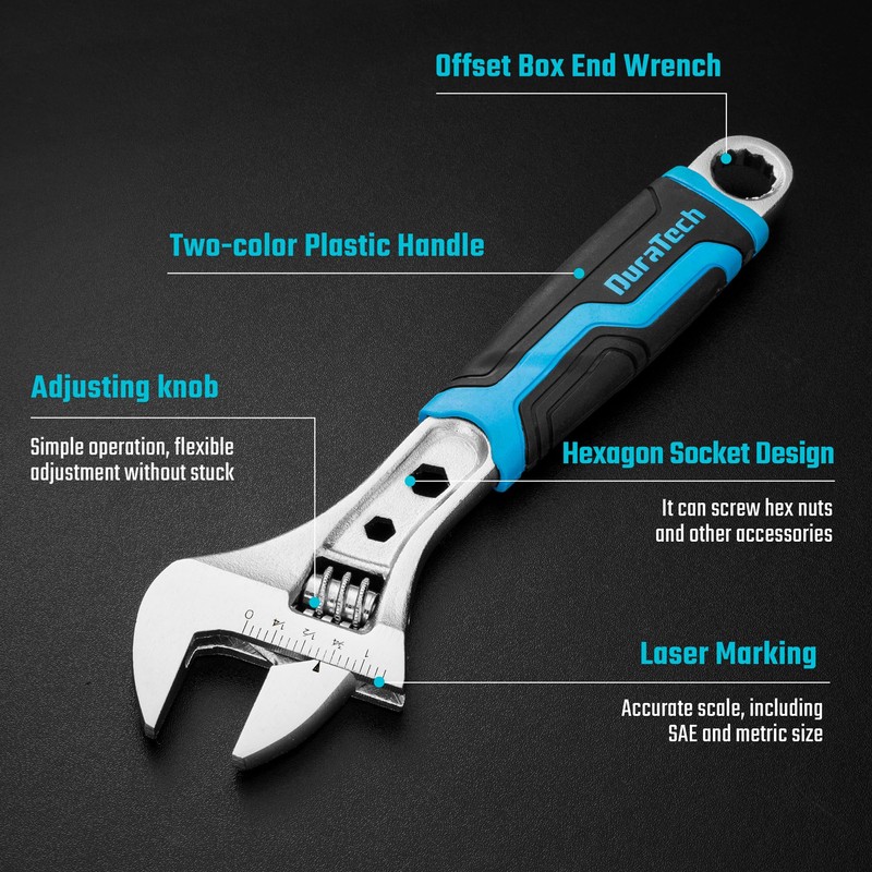 DURATECH 8 Inch Adjustable Wrench, 3-in-1 Spanner with Box End/Hex