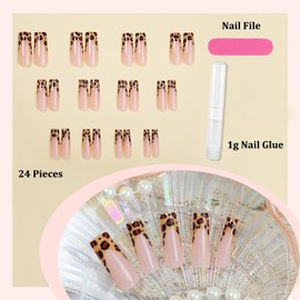 Nude Press on Nails French Tip - Long Coffin False Nails with Glue - 24PCS Leopard Print Stick on Nails - Strong Fake Nails Long Lasting - Full Cover Nail Tips and Glue for Women