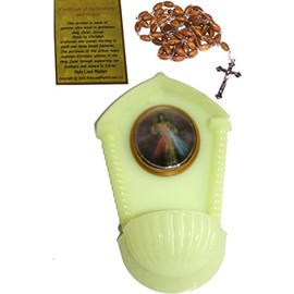 Holy Land Market Luminous phosphorous Divine Mercy Holy Water/Anointing Oil Fountain/Font - (19cm OR 7.5 inches) - with Holy Holy Land Bethlehem Catholic Rosary