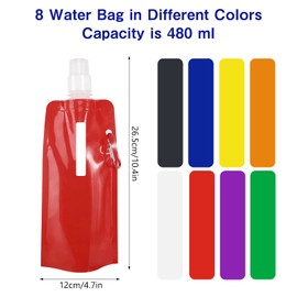 CAINCAY Foldable Sports Bottle, 8 pcs 480ml Collapsible Water Bottle Plastic Water Bag Reusable Drink Pouches Bags with Clip, Foldable Water Bags Drinks Flasks for Outdoor Sports
