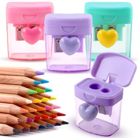 Heart Pencil Sharpener with Container Coloured Sharpener with Tin Cute Can Sharpener Green Purple Pink Pencil Sharpener Thick and Thin Pens 2 Holes Pencil Sharpener with Cover Pencil Sharpener for
