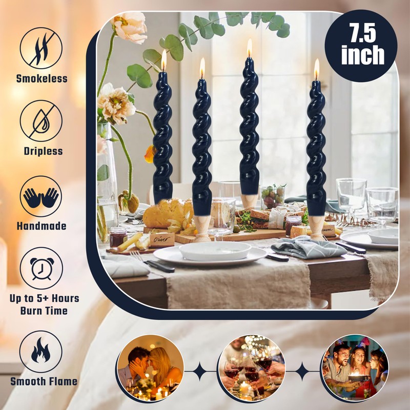 7.5 Inches Spiral Taper Candles Navy BlueTwisted Candle Dripless Unscented