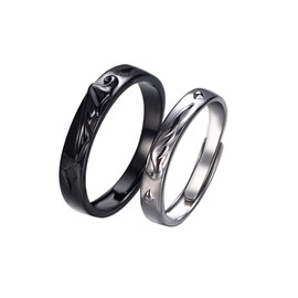 S925 Sterling Silver Couple Matching Rings for Women Man Angel Devil Wings Open Adjustable Promise Set Engagement Wedding Statement Black White Jewelry Gift for Her and Him Anniversary Valentine's Day