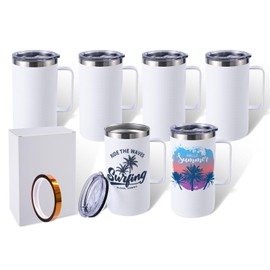 ColorSub 24oz Sublimation Coffee Mugs with Handle Straight Matte Travel Coffee Cups Insulated Stainless Steel Tumblers with Gift Box, Heat Tape for Hot Cold Drinks, 6 Pack