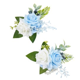 Floinla Light Blue Corsage and Boutonniere Set for Wedding Prom, Artificial Rose Flower Wrist Corsage Bracelets, Homecoming Corsage Wristlet, Boutonniere for Men Wedding Suit Decorations
