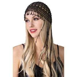 BABEYOND 1920s Pearl Flapper Cap Headpiece Roaring 20s Gatsby Pearl Head Chain (black)