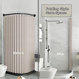 Haoyunll Foldable Waterproof Anti-Mould Shower Curtain with Hooks, Washable Fabric Corner Shower Curtain, Magnetic Shower Curtains for Bathroom, 150 g/m², Beige, 100 x 200 cm