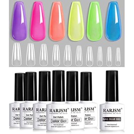 RARJSM Jelly Gel Nail Polish Set, Translucent Neon Nail Polish 6 Color Pink Green Blue Purple Yellow Orange Gel Nail Art 10 Sizes Long Fake Nails in Gift Package
