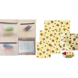 Reusable Silicone Food Storage Bags & Beeswax Wraps Set (4 Bags: 500ml/1L/1.5L/3L + 3 Wraps) - Food Grade, BPA Free