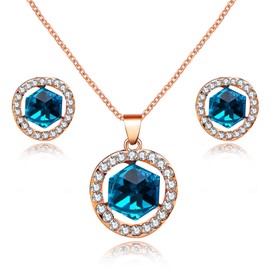 Uloveido Y453 - Juego de collar y pendientes de tuerca para mujer, chapado en oro rosa, diseño de cubo cuadrado de cristal y pendientes de tuerca, para bodas y fiestas de boda azul