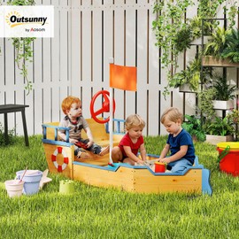 Outsunny Wooden Kids Sandbox, Pirate Ship Outdoor Sandboat with Bench Seats, Storage, Non-Woven Fabric Cloth for Backyard, Lawn, Natural Wood