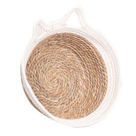 Hand Woven Cat Nest Breathable Round Cotton Rope Woven Warm Pet Sleeping Bed with Soft Cushion for Summer Cats Dogs Large (Suitable for Pets Within 7.5kg/16.5lb) White Cat Ears