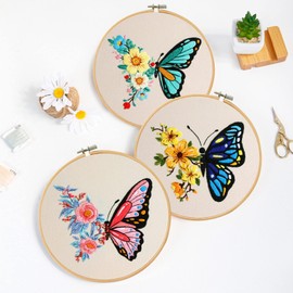 Ohcol 3 Sets Butterfly Embroidery Kit,Needlepoint Kits for Adults Beginner,Needle Point Kits with Washable Pre-Printed Floral Pattern,Hoops,Women DIY Hand Crafts