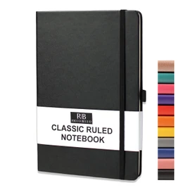 RICCO BELLO Classic Ruled Journal Notebook - Hardcover, Vegan Leather, Elastic Band Closure, Pen Loop, Bookmark, Inner Pocket, 192 Lined Pages, 5.7 x 8.4 inches (Black)