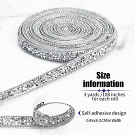 Dowarm 3 Yards Silver Rhinestone Ribbon Crystal Self Adhesive Tape Bling Diamond Sticker Glittery Strips for Crafts Wedding Decoration
