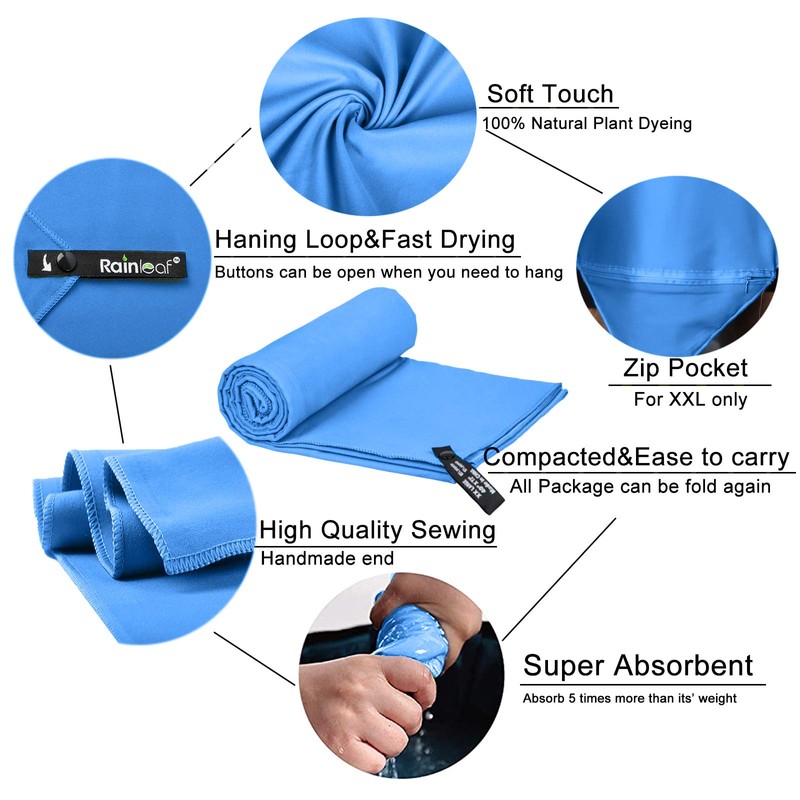 RainLeaf Antibacterial Microfiber Towel Large (24 x 48 inches) Blue