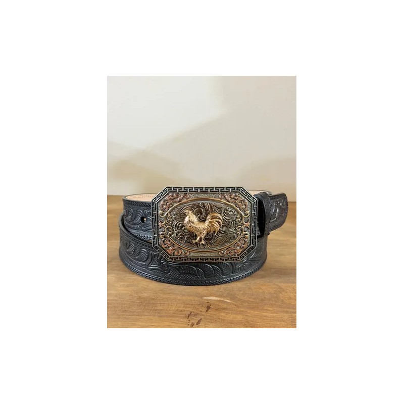 Cinturón Vaquero Grabado Petatillo Hebilla De Gallo 100%piel