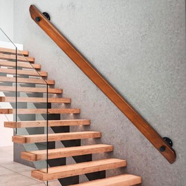 Wood Handrails, Indoor Non-Slip Staircase Handrail,Retro Rustic Wall Mount Railings Handrails, Home Loft Corridor Support Rod,Industrial Pipe Support, Easy to Install (Dark Wood, 7FT)