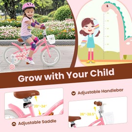 COSTWAY Kids Bike, 14 Inch Toddler Children Bike w/Training Wheels, Hand & Coaster Brakes, Adjustable Saddle & Handlebar, Basket, Bell, Kids Bicycle for Girls Boys Aged 3-8 Years Old, Blush Pink