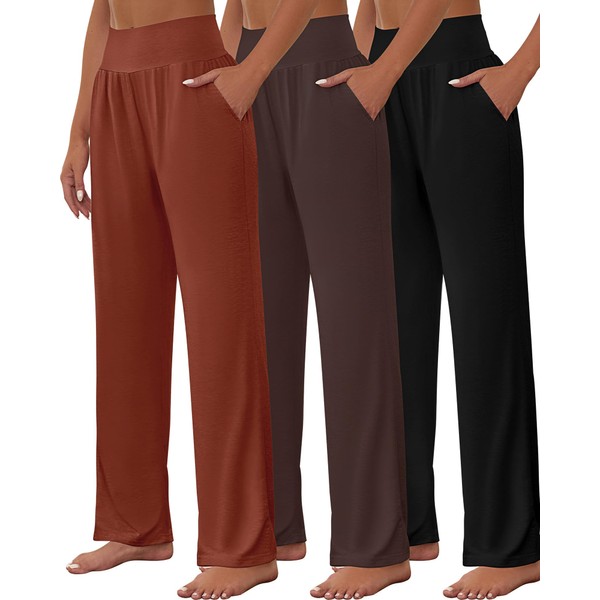 Neer 3 Pcs Women's Wide Leg Yoga Pant Comfy Loose Sweatpants High Waist Lounge Casual Athletic Pant Workout Joggers Pant (Black, Dark Brown, Pumpkin,X-Large)