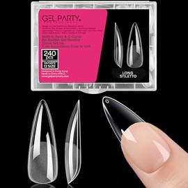 GELPARTY 240Pcs Long Stiletto Soft Gel Nail Tips - Pre-Buffed Matte Full Cover Clear False Nails, No Filing Needed Soak Off Nail Extension System for Salon & DIY Manicure, 12 Sizes
