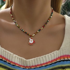 Cute Snowman Santa Claus ELK Pendant Necklace for Women Girls Charm Christmas Tree Bow Wreath Cookie Man Pendant Chocker Adjustable Beaded Chain Necklace Fashion Xmas Jewelry Gifts (Santa Claus)