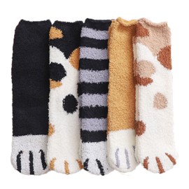 [DAMILY] Women's Socks, Fluffy Socks, Winter Socks, Room Socks, Thick, Cold Protection, Cute, Women's Socks, Girls, Dogs, Cats, Animal Pattern Socks, Winter Socks, Indoor Socks, Home Socks, Warm Socks, Cold Socks, Sleeping Room, Set of 5, 8.7 - 9.8 inches (22 - 25 cm), Cat Claw