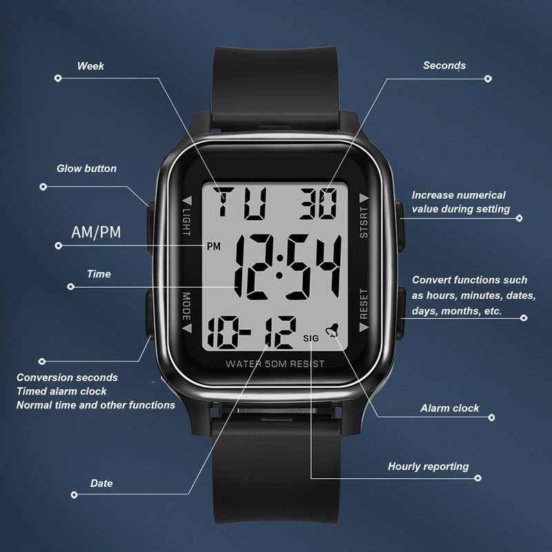 Digital Watch EL Backlit Waterproof Multifunctional Stylish Square Watch for