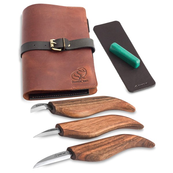 BeaverCraft Wood Carving Kit Deluxe Whittling Knives Set & Leather Strop for Carving Knife S15X Wood Carving Knives Set, Tools & Knife Strop with Polishing Compound Wood Whittling Kit and Leather Case