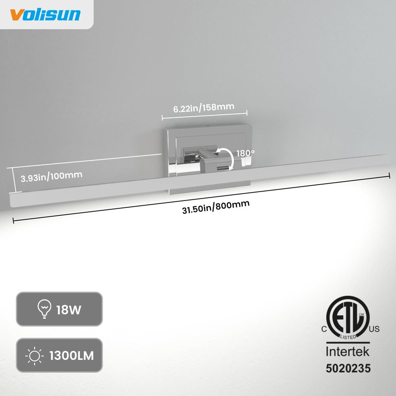 VOLISUN Modern Bathroom Vanity Light 31.5 inch, Rotatable, 18W Dimmable
