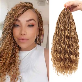 Eeanno Goddess Box Braids Crochet Hair 14 Inch 7 Packs Honey Blonde Boho Crochet Braids for Women Pre Looped Crochet Box Braids with Curly Ends (14 Inch, 27#)